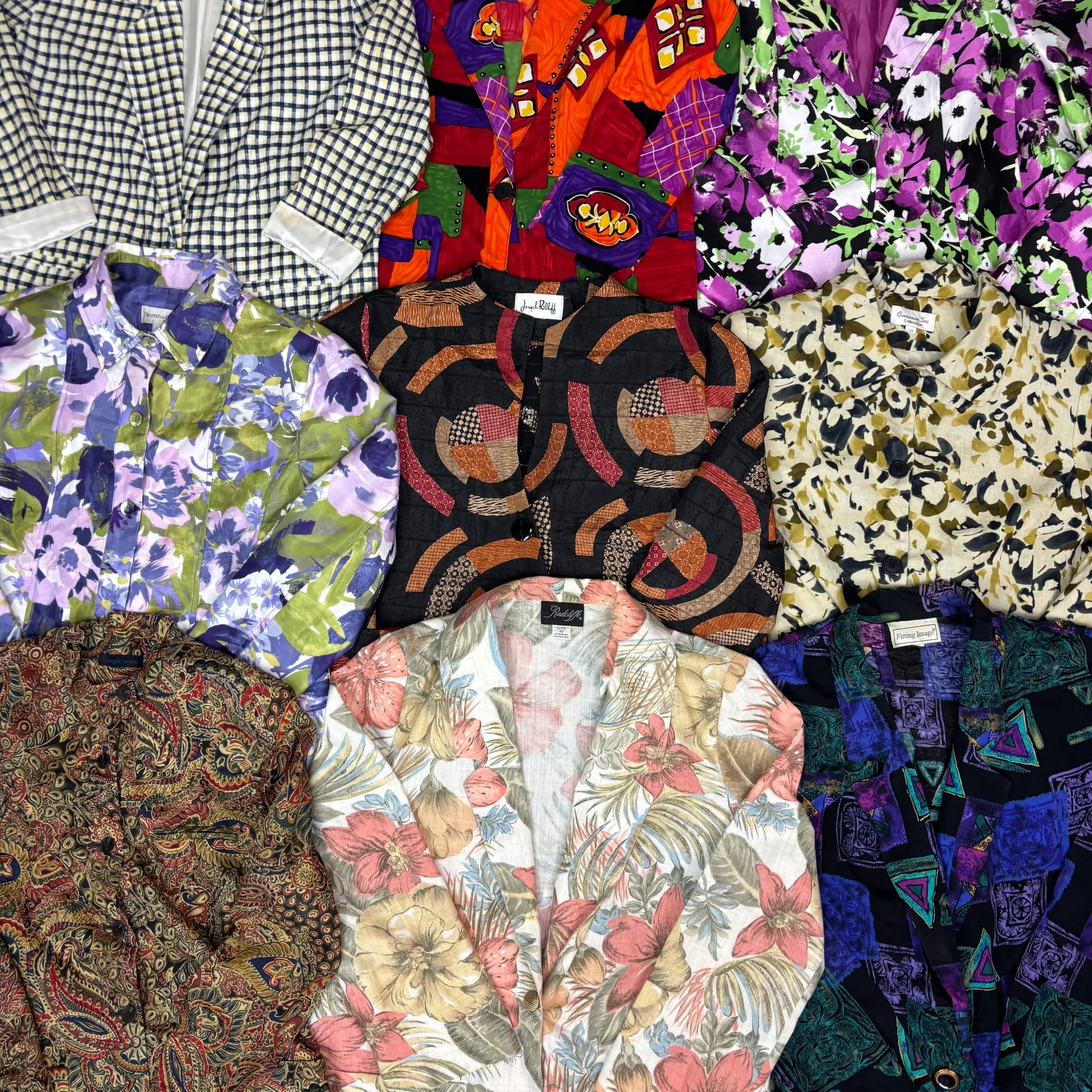 Assorted vintage lightweight ladies blazers featuring various colorful patterns including floral, geometric, and abstract.