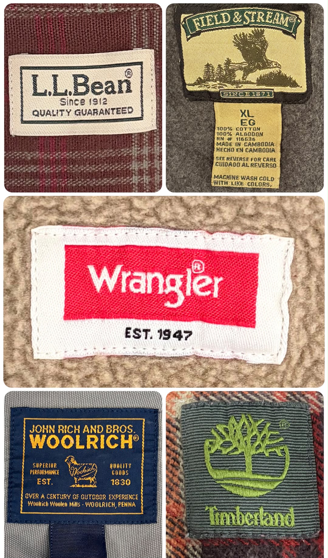 Close-up of vintage flannel shirt labels, including L.L.Bean, Wrangler, Woolrich, and Timberland patches.