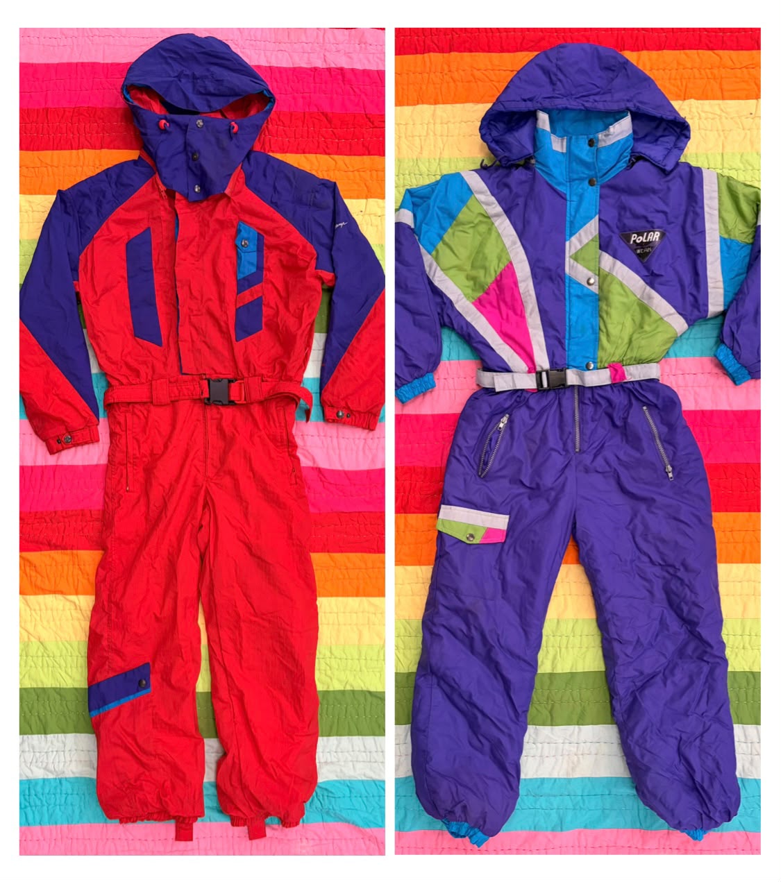 Two vintage ski suits, one red and blue and one purple with colorful geometric panels, displayed on striped backgrounds.