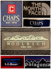Collage of branded fleece gilet logos, including Chaps, The North Face, Woolrich, L.L.Bean, and Patagonia.