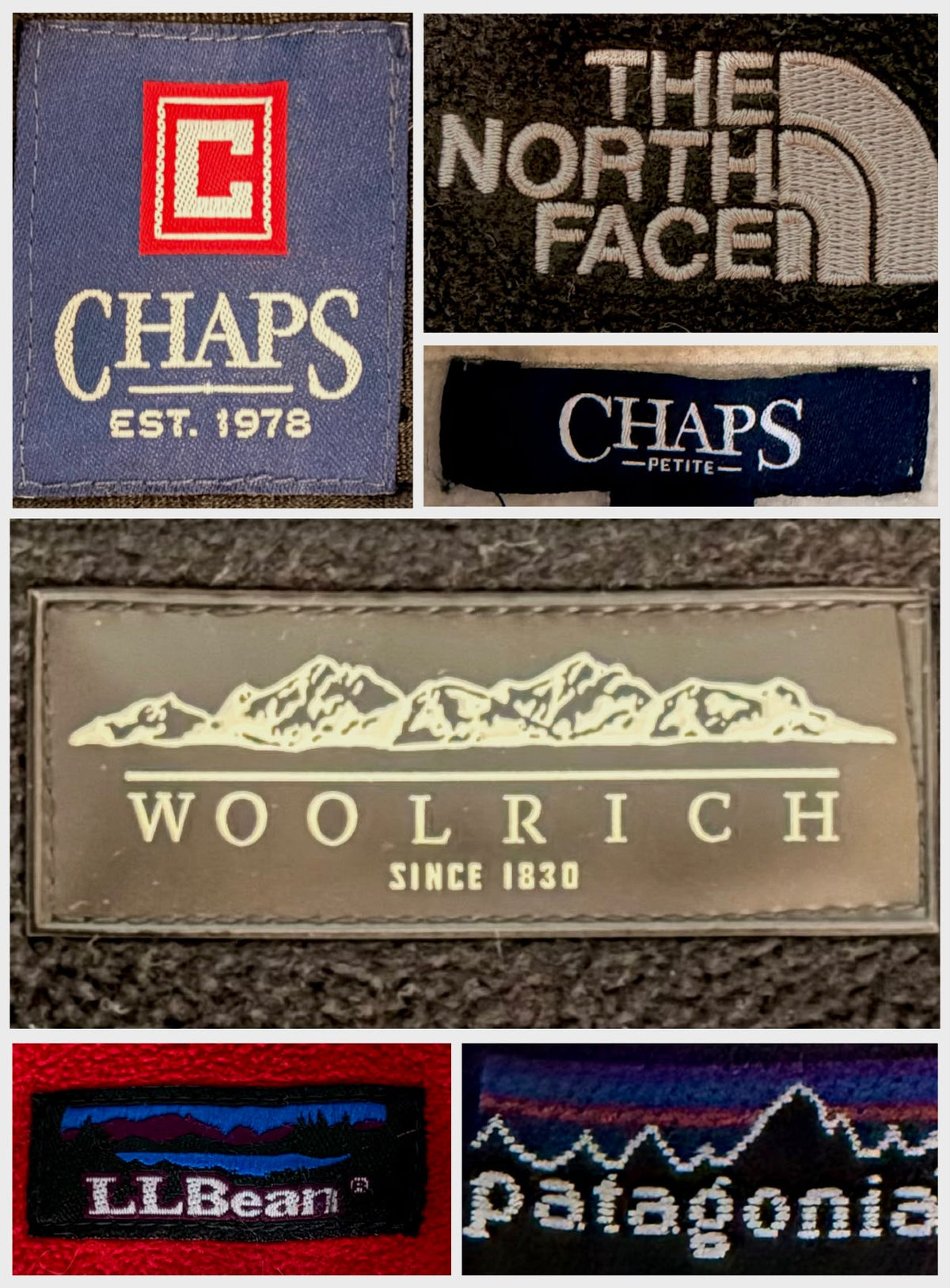 Collage of branded fleece gilet logos, including Chaps, The North Face, Woolrich, L.L.Bean, and Patagonia.